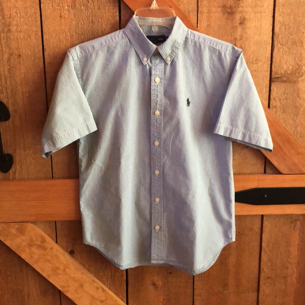 Boys RALPH LAUREN POLO Blue & White Check Short Sleeve Button Down Shirt Size M